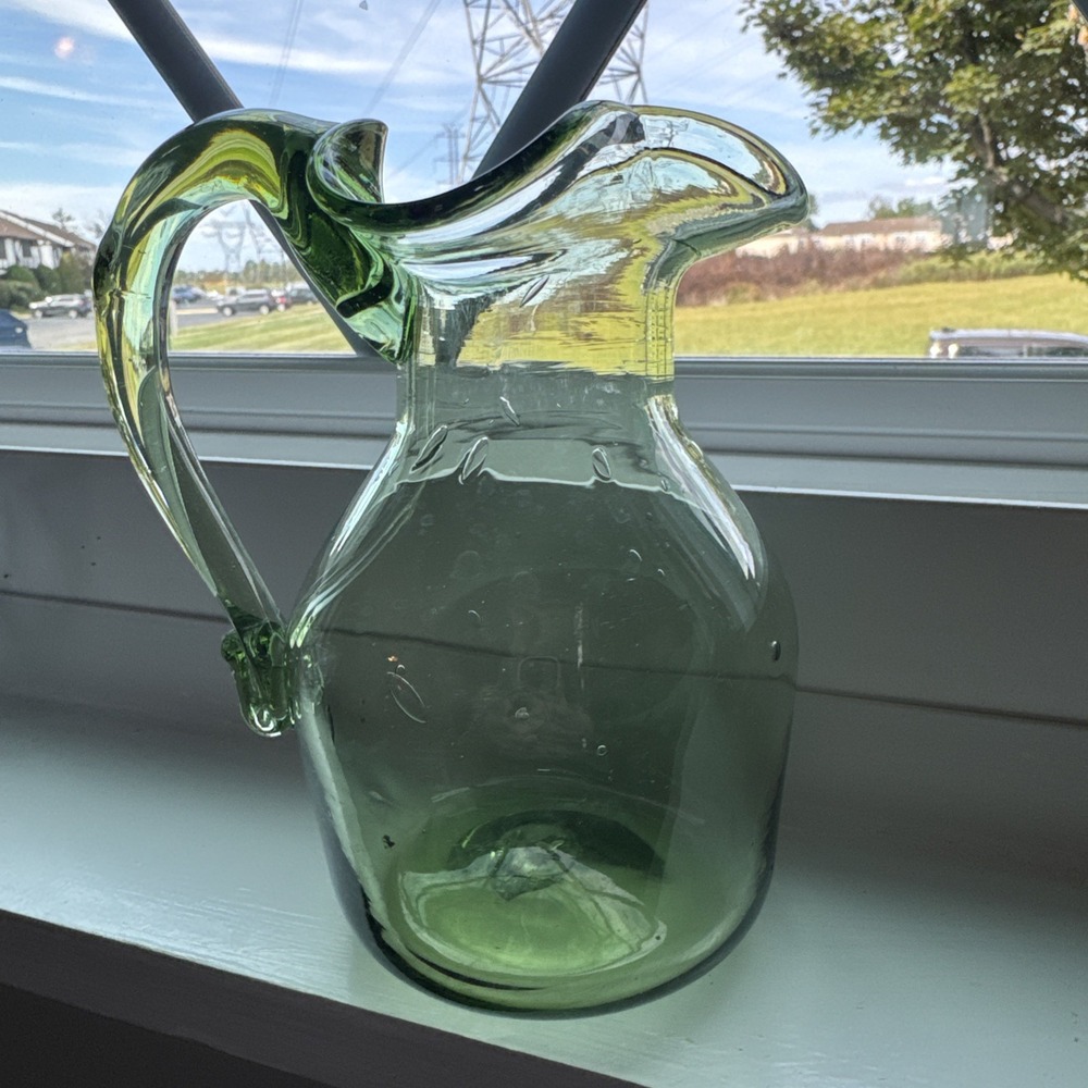 Green Vintage Ruffled Rim Applied Handle Blown Art Glass Pitcher 5‎ inch